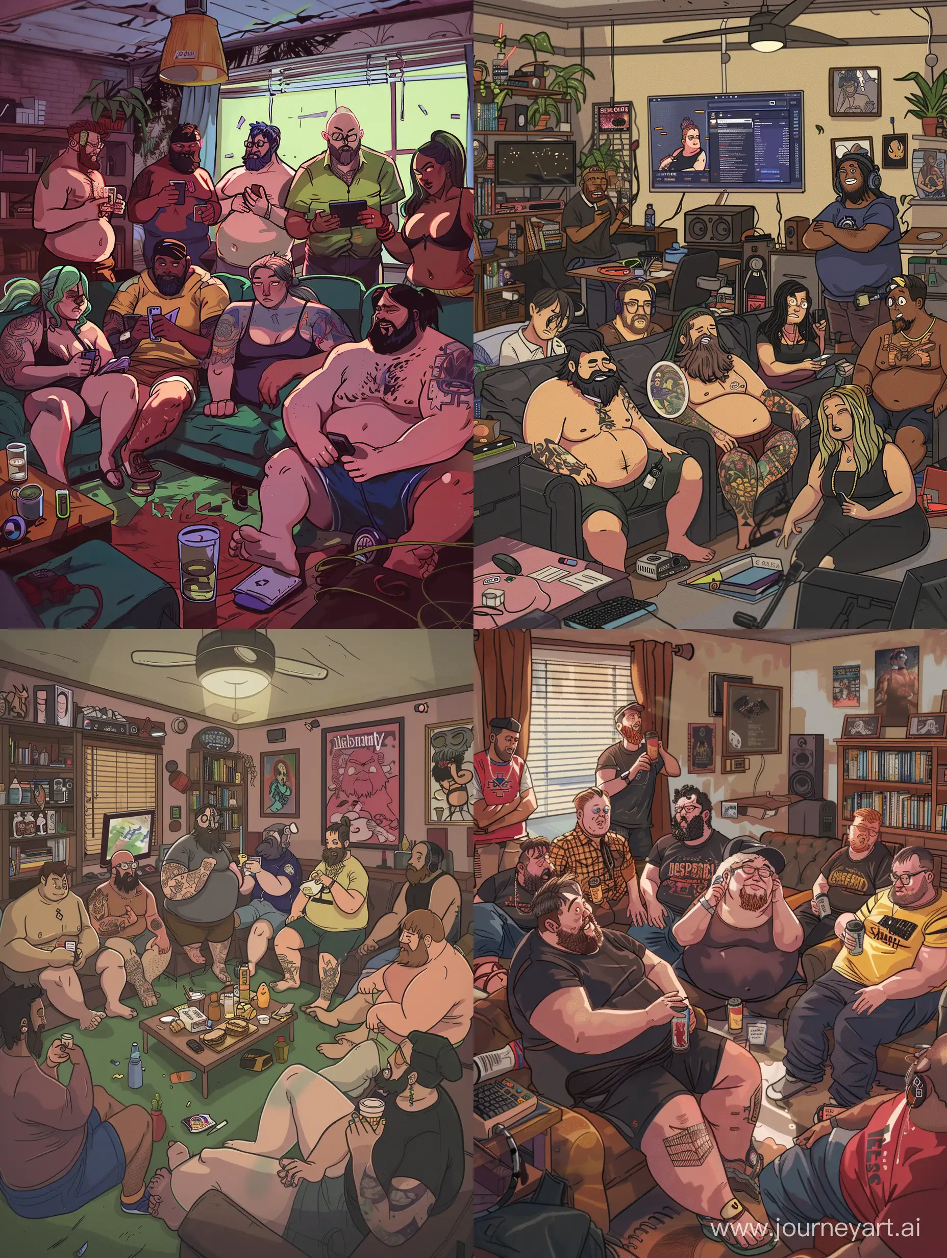 A discord admin meeting in the living room all people are fat and in a disgusting living room 