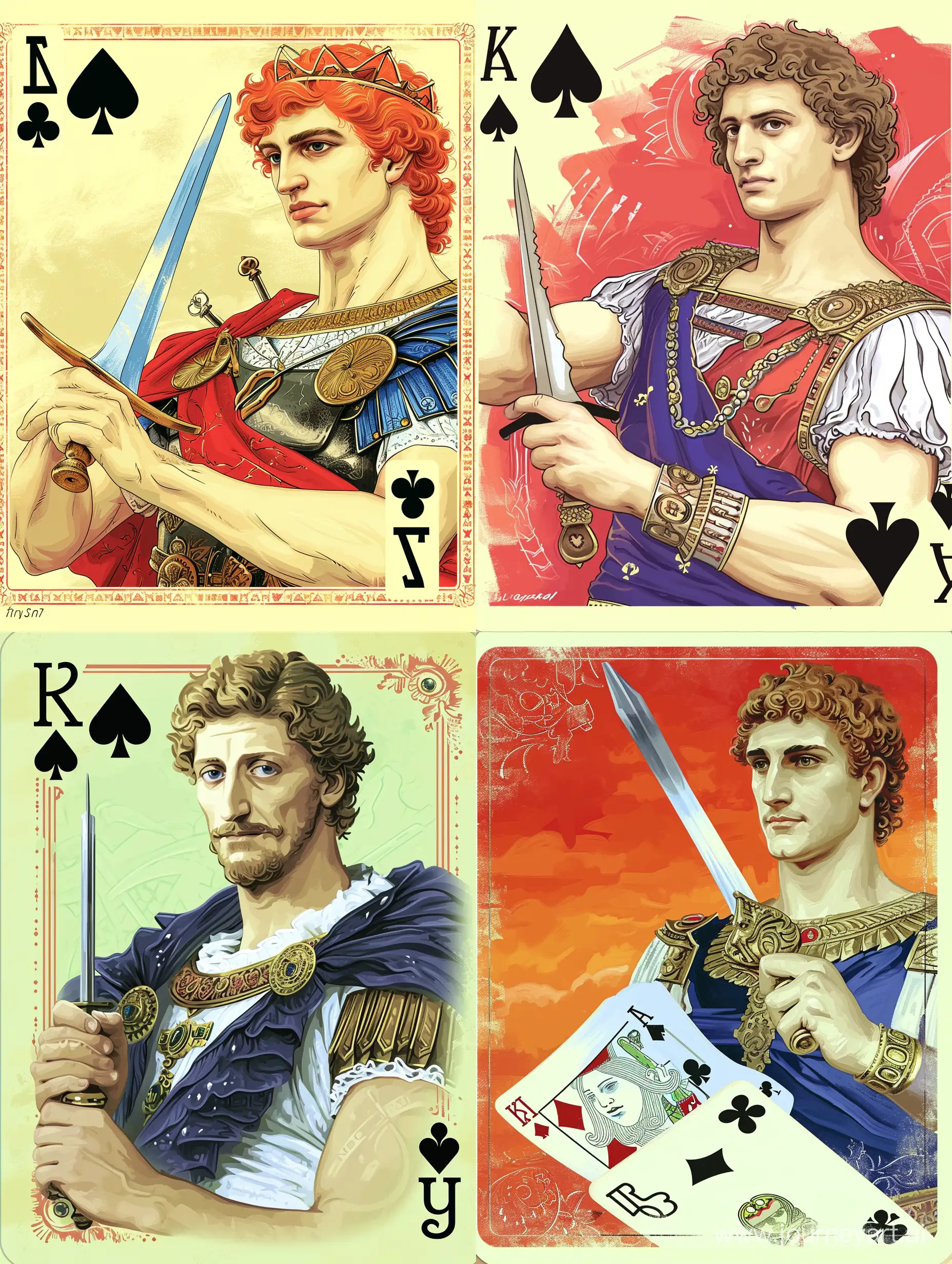 Playing card design, King of clubs, Alexander the Great, vector illustration style, bright colors, in the style of Alphonse Mucha