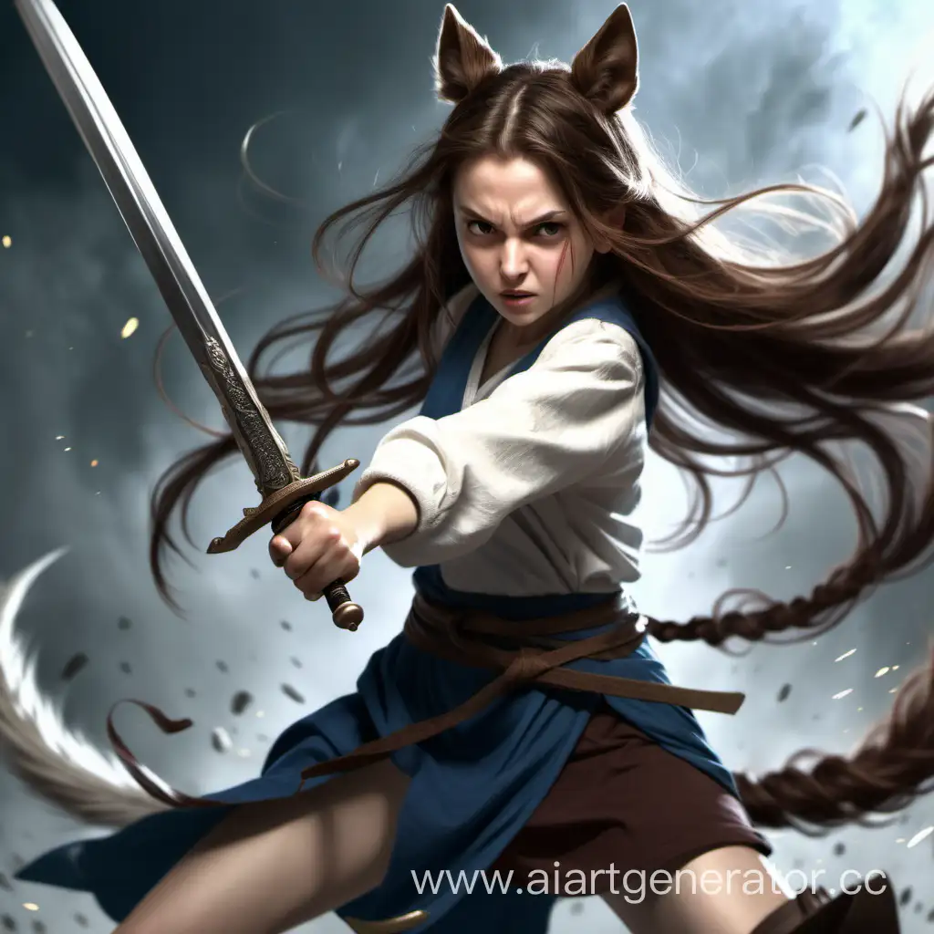 Девочка с длинными коричнивыми волосами хвостом и ушами дереться на мечах