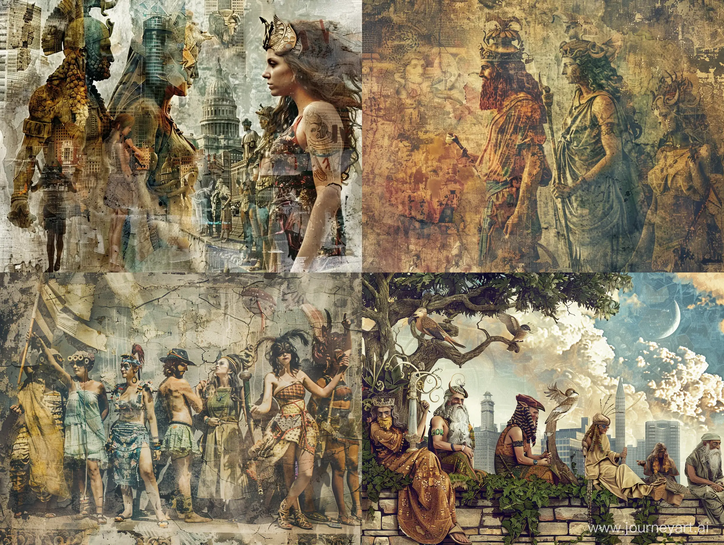 Ancient, gods and goddesses and every day average people, urban landscape, downtown, groovy hipster BoHo style, photo, realistic, beautiful texture