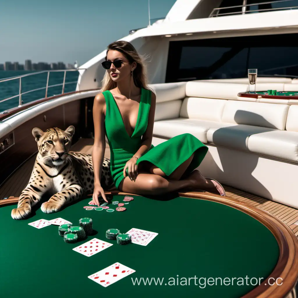 открытая палуба яхты, на которой стоит стол для игры в покер  с зеленым сукном, за столом сидит девушка, на руках у девушки сидит животное пантера