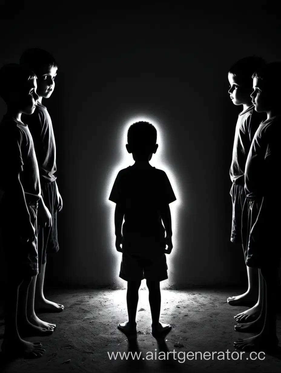 Мальчик одна сторона черная и в этой стороне сзади темные люди, а другая сторона светлая и сзади либи добрые. Мальчик стоит по середине