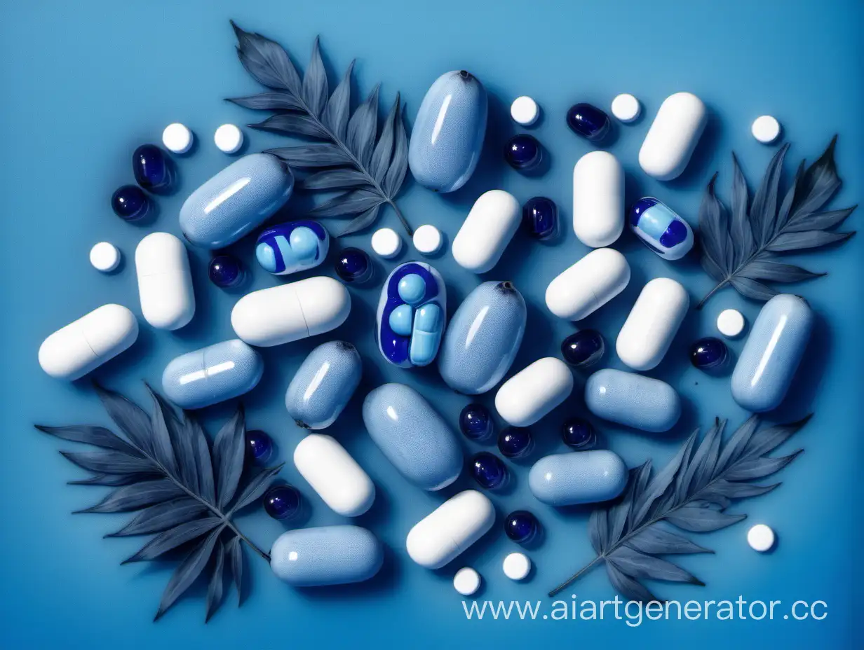 Голубые фрукты, голубо-белые таблетки, голубые растения хаотично разбросаны на голубом стекле. Вид сверху