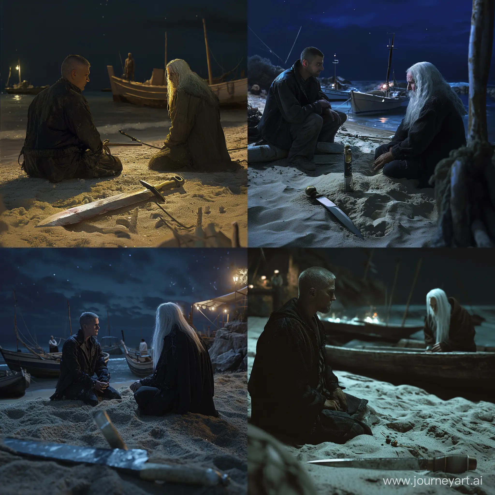 seashore, night, boats on the beach, a man with a short haircut is sitting on a boat, in a dark jacket, next to a man with long white hair is sitting on a boat,In the foreground, an ancient knife is stuck in the sand,  fishtail, hyper-realism, 8K quality
