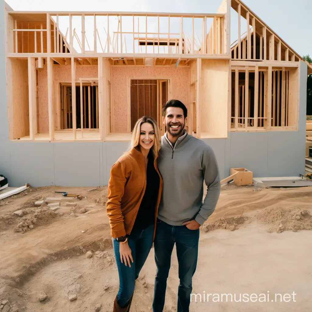 Imagen de una pareja sonriendo frente a una casa en construcción