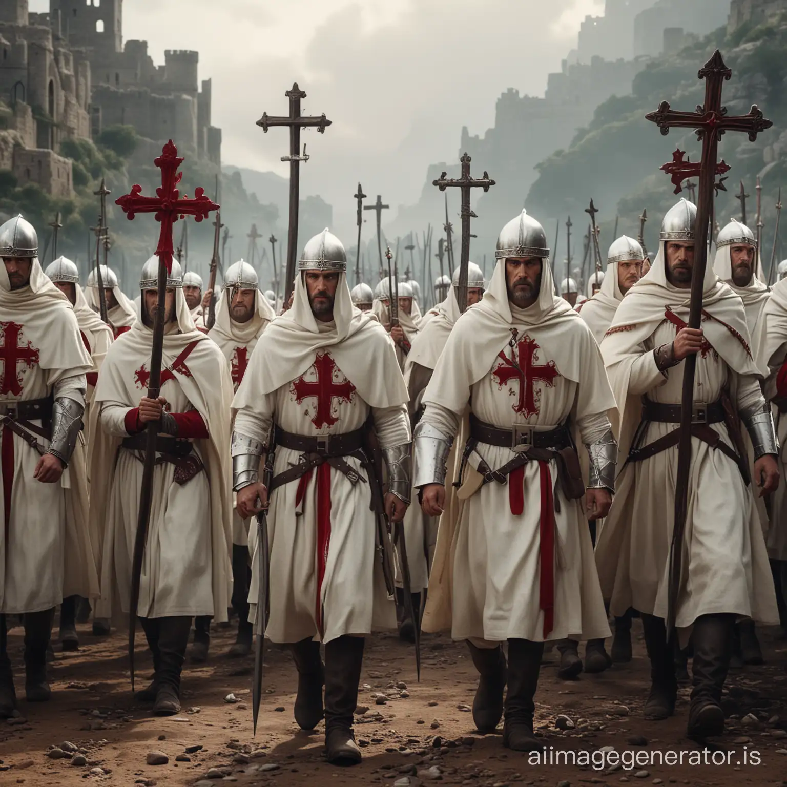Hyper realistic color epic cinematography of Cathare crusaders marching to battle holding their crosses up, wearing white clothes with red Occitane cross, illluminted by a single light