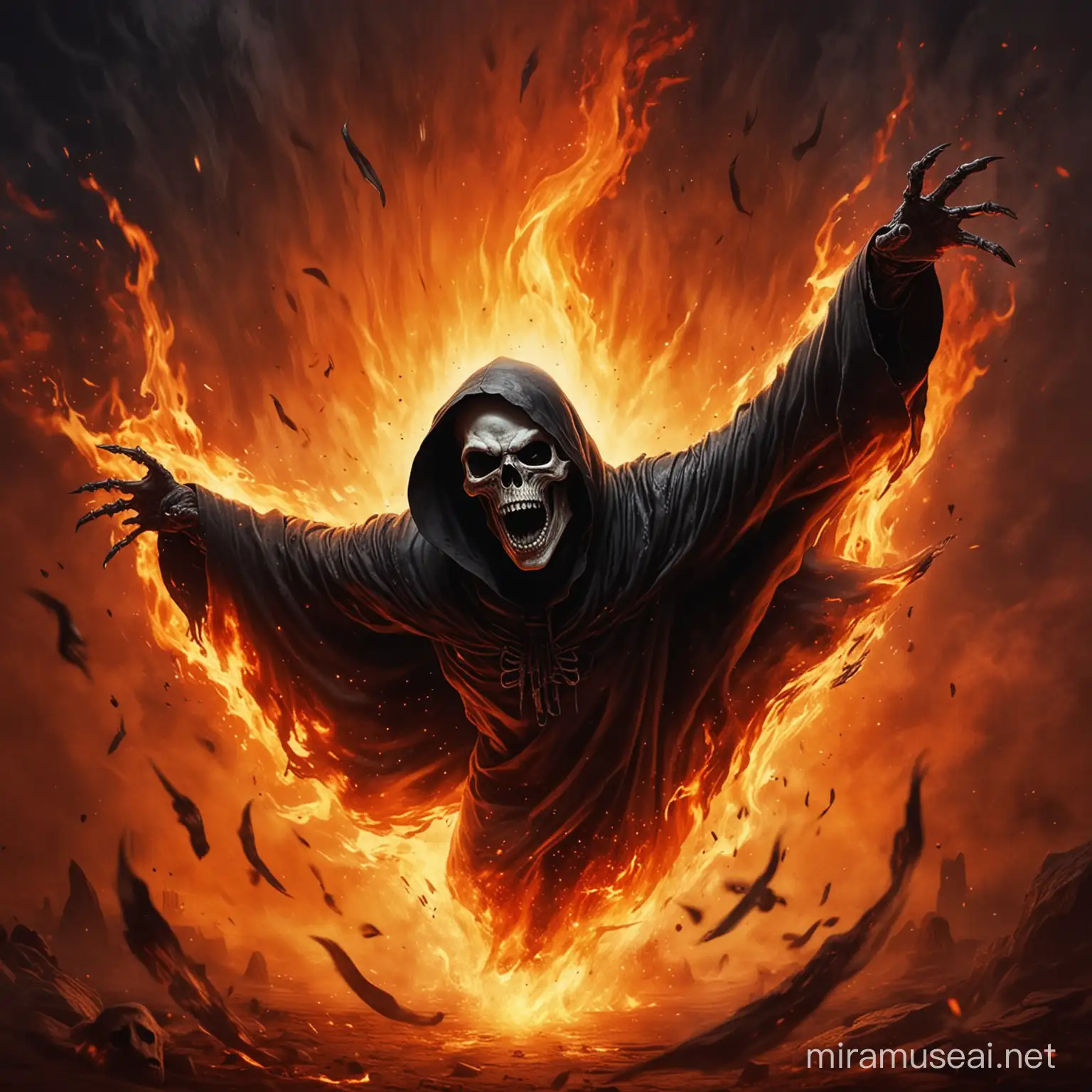 grim reaper screaming face, flying through air, flame background