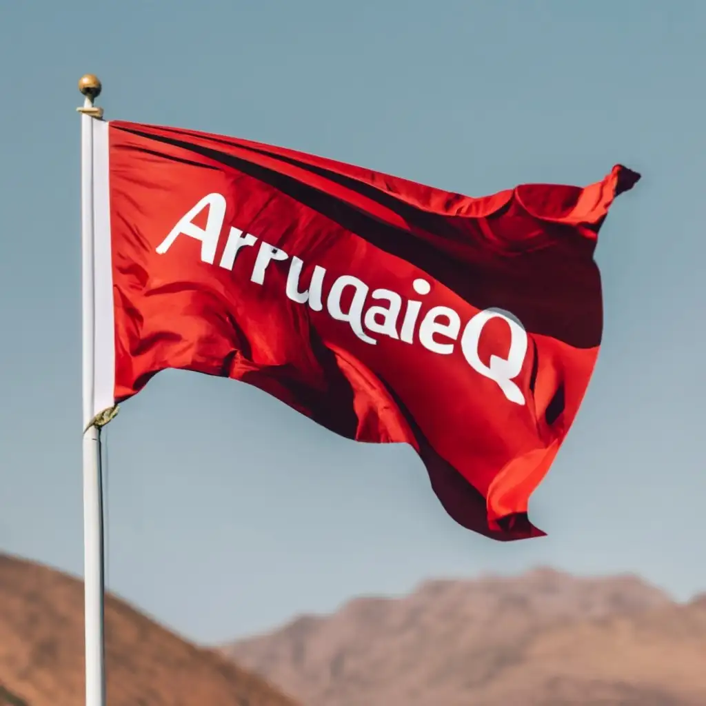logo, The word Arruqaieq is imprinted on a real red flag fluttering in the sky, with the text "Arruqaieq", typography