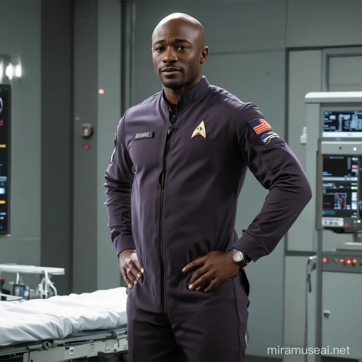 Taye Diggs in a Starfleet medical uniform. He is standing in sickbay,