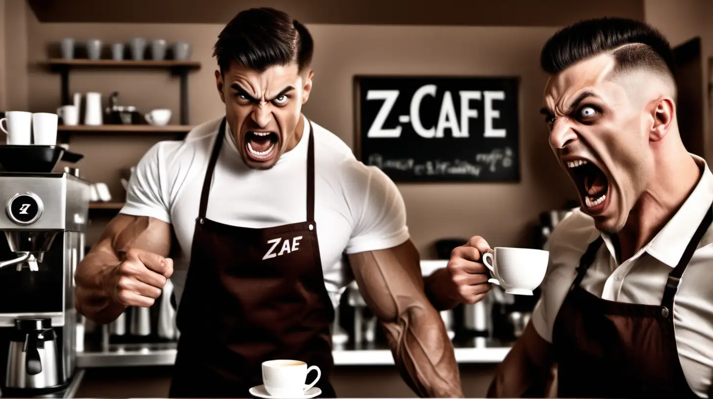 A elegant cafe scene with an extremely angry screaming muscular male barista pouring a cup of coffee for a frightened customer.  Sign in background saying "Z-4 Cafe"