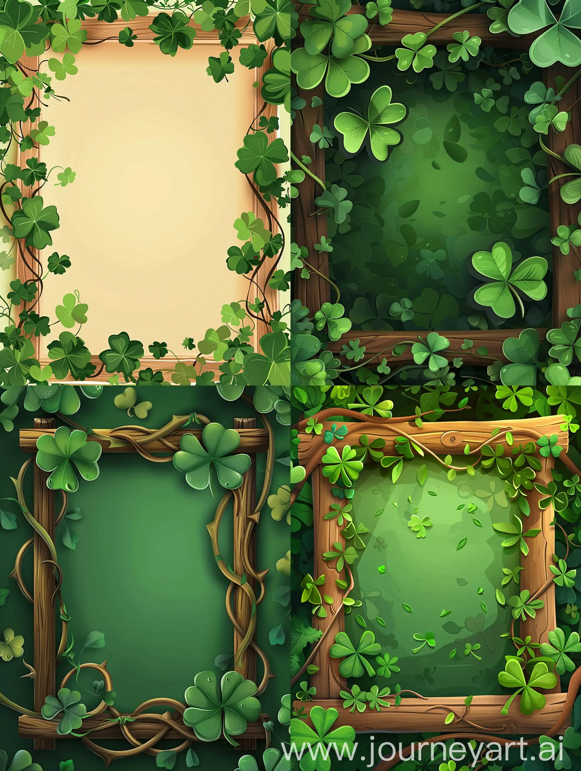 游戏弹窗，木质边框，藤蔓，树叶，四叶草，纯色背景，欧美卡通风格，游戏插画，4K高清，