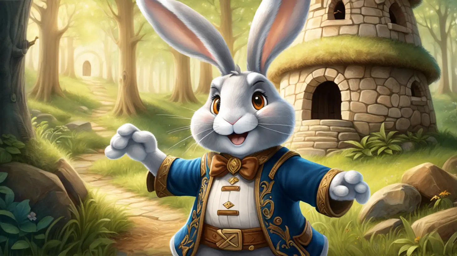 es un principe conejo  amigable que sabe hacer magia, cara redonda ojos cafes grandes y rostro amigable semblante feliz vive en un castillo de conejos en el bosque esta explorando el bosque 

