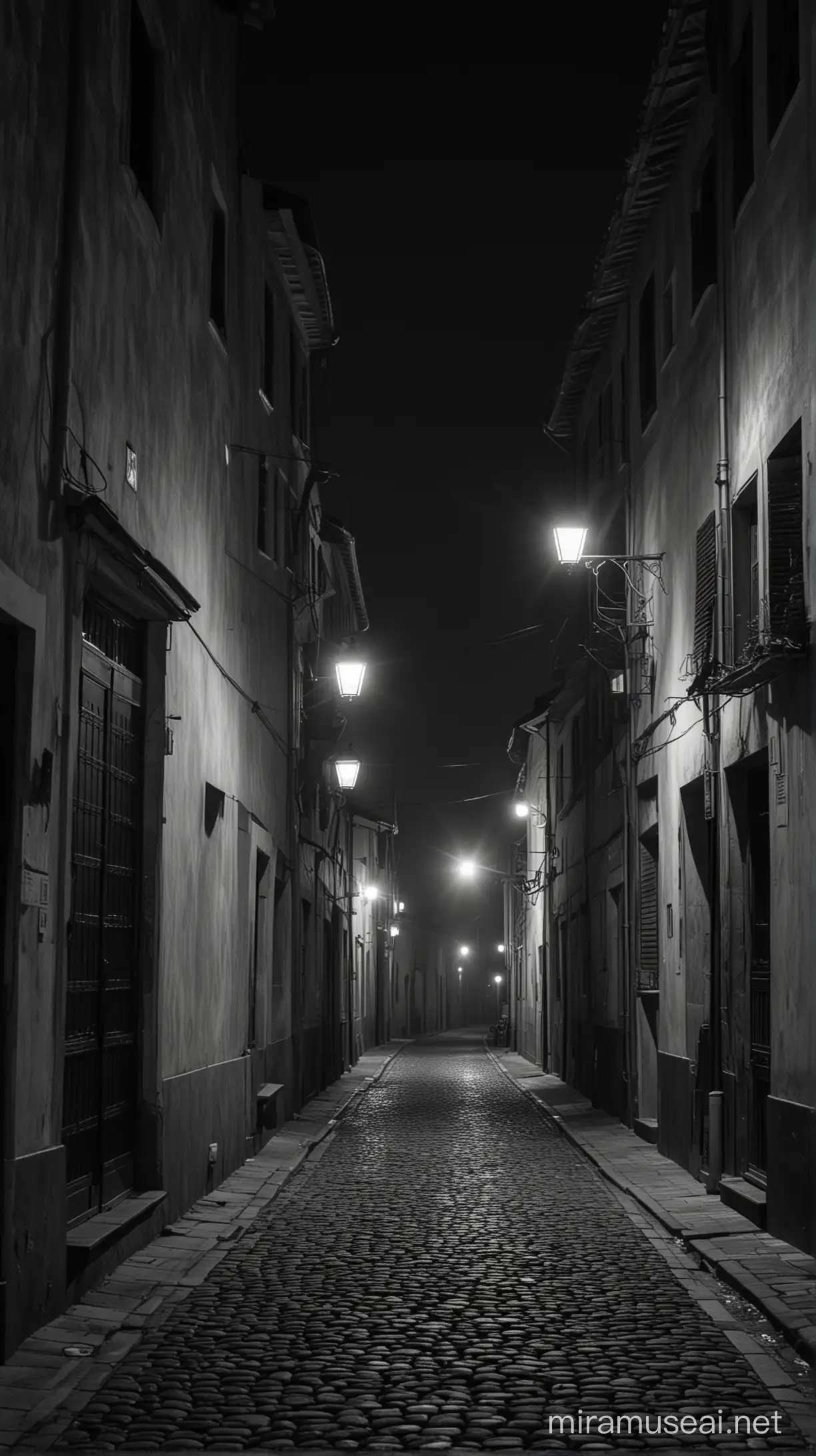 The Silent Streets of the Town: Empty and quiet streets stretch under the dim lights of the street lamps during the night. The curtains of the houses sway gently, while the mysterious atmosphere of the town is palpable.

