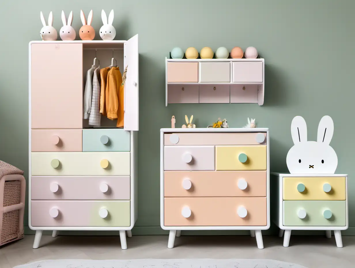 Miffy RabbitThemed Childrens Wardrobe and Chest of Drawers Set in Macaron Colors