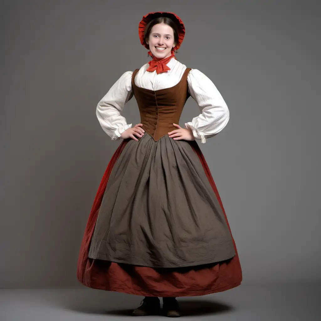 happy young woman in 1850 wearing brown and white costume, having a red detail, not so fancy, showing her entire body including shoes with grey clean backdrop
