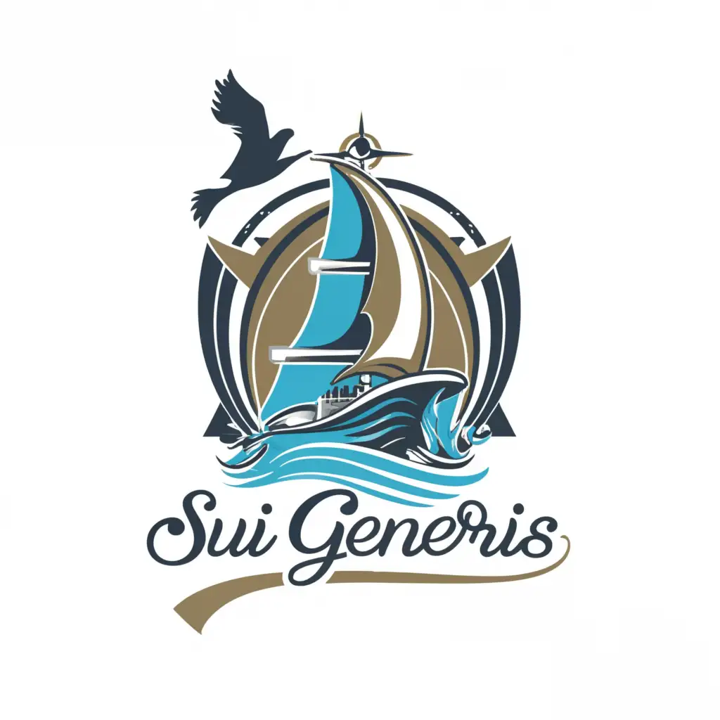 a logo design, with the text 'Sui Generis', main symbol: yacht, dolphin globe, water compass, seagull, moderate, clear background. The requirement is to design a brand name and logo in different variations to be placed in numerous locations both inside and outside the yacht. The design will be produced in different materials and use different surfaces as background: metal, wood, mosaic, leather. The basic colors of the yacht are blue, grey and white. The owner would like the brand to be balanced with emphasis being on simple luxury. Therefore the script/fonts should be creative but not excessively complex. Abstract ideas are welcome in particular relating to his concept of combing symbols of dolphin/bird/globe/compass in the logo. It would be ideal if the logo is readable as central letter ‘e’ of the name Gen(e)ris and located in its place. The preferred bird to be used in logo is Seagull. The dolphin should be seen jumping out of the water. The compass should be located around the globe. If applied to the provided transom photo of the yacht the background colour should be dark blue. The outside name/logo presentation should be RGB or backlit stainless steel