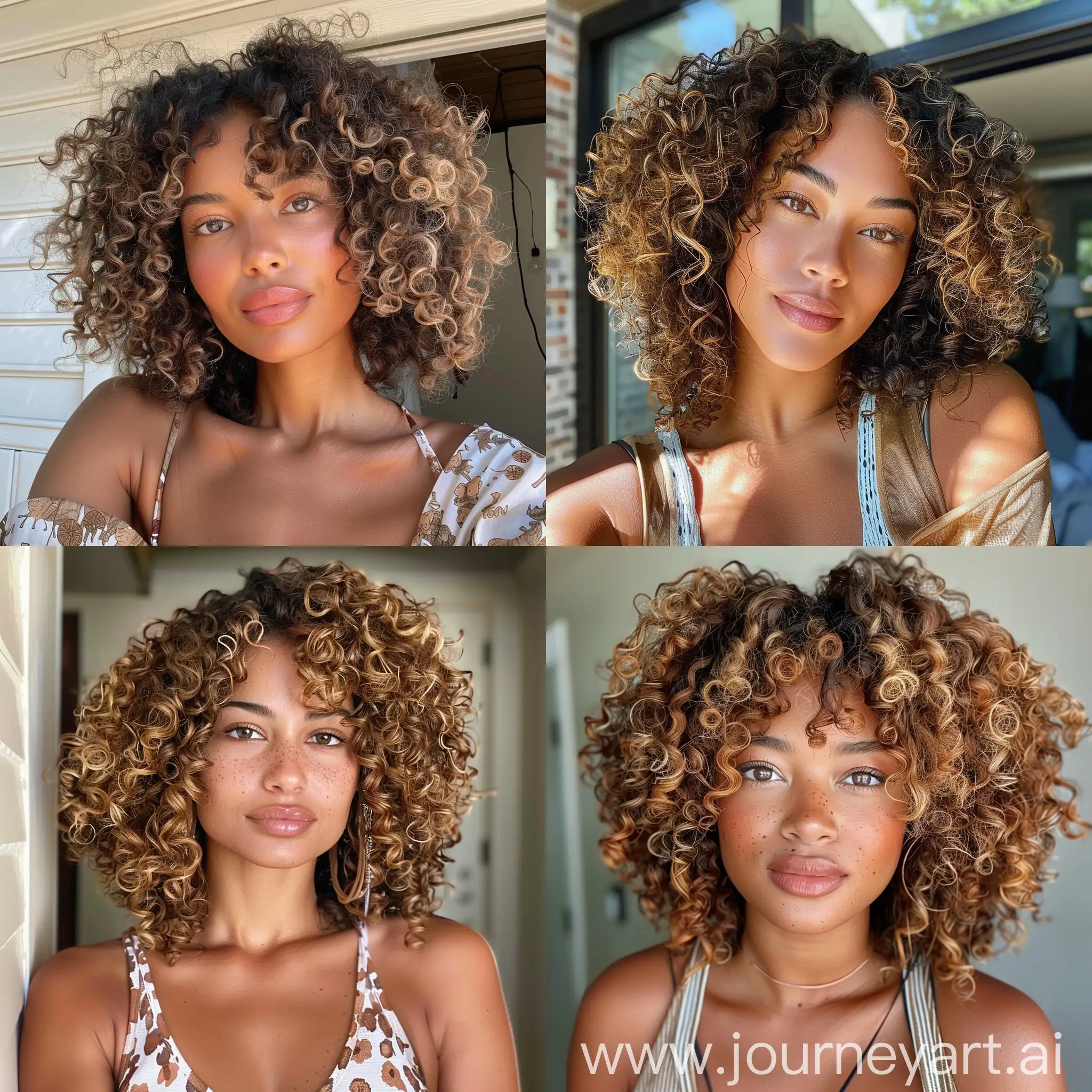 A woman with tan skin with curly hair wearing casual clothes with a background