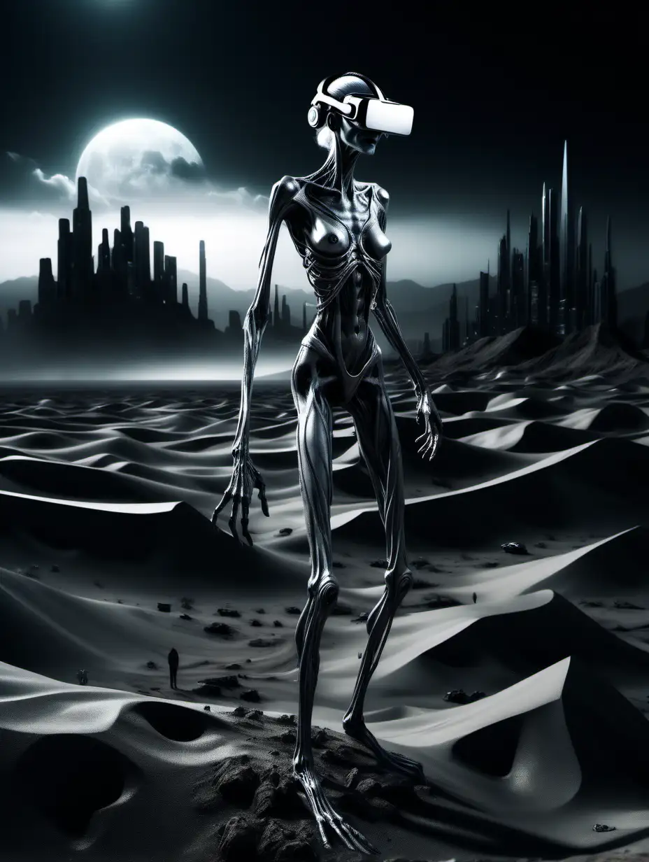 a highly detailed extremely dark photo of a tall frail figure with grey skin and extremely long legs, arms and fingers. Wearing a shining silver Virtual Reality headset. crawling through a dystopian desert wasteland. high Mountains surround the figure. A futuristic city glows in the background to the right. extremely dark. highly detailed. dirty. neon. cloudy night. extremely dark. 