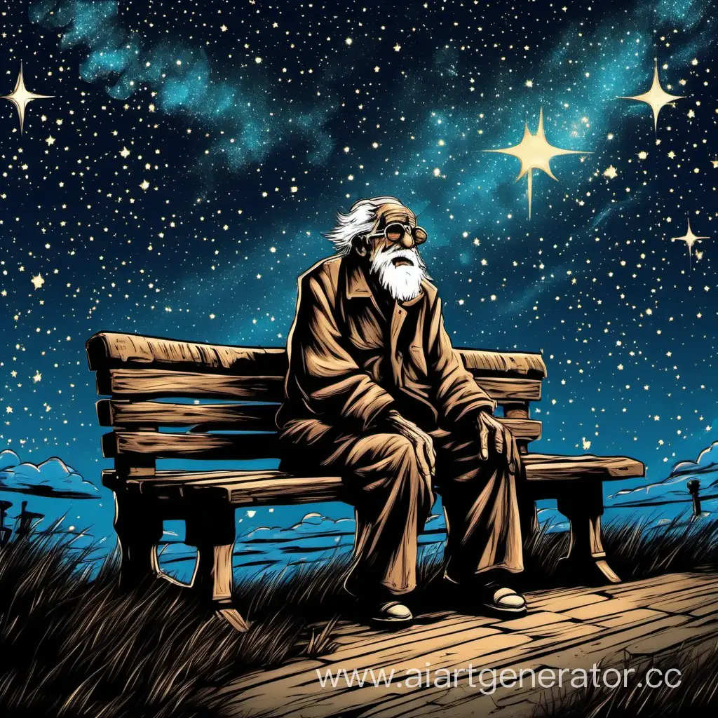 Слепой старик на лавочке под звёздным небом