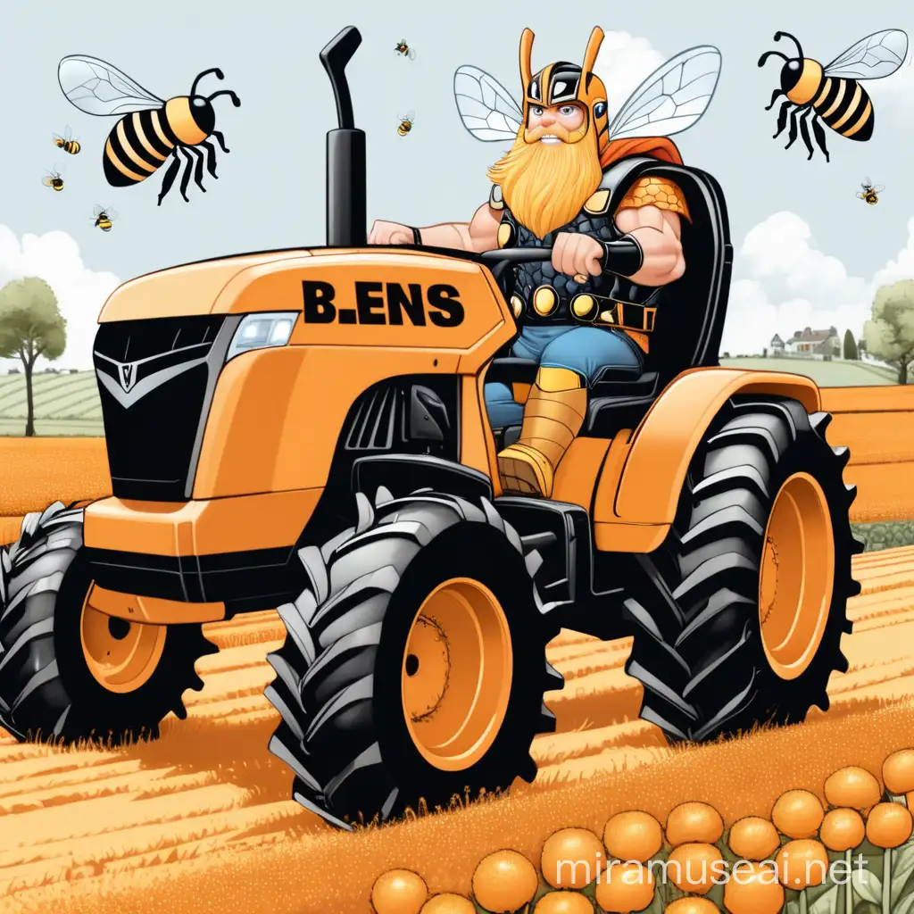 Thor driving orange tractor, bees around
