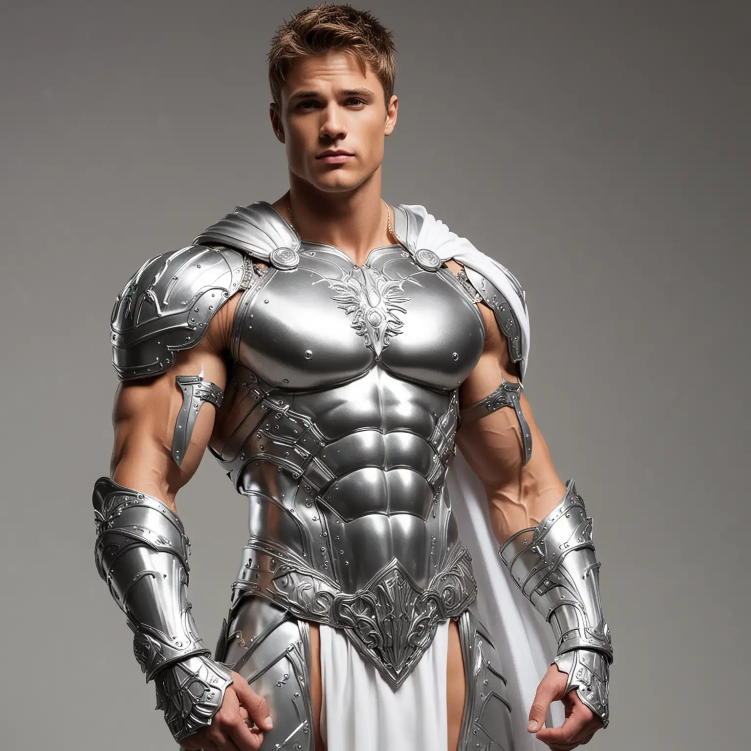 godly muscular and buff Justin bebber with silver armor and heavenly white cloth 