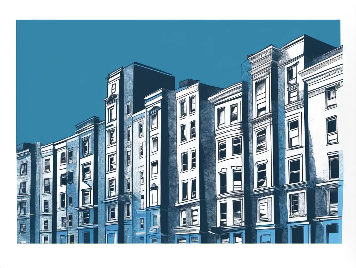 нарисуй картину для агентства недвижимости  в стиле энди уорхола, серые и голубые тона