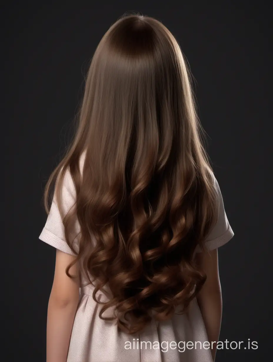 This 10-year-old girl has a slender body with graceful proportions. She has a round head with soft facial features. Her round eyes, hazel in color, radiate joy and curiosity. Her small nose is slightly upturned, giving her a friendly look. She has full, gentle lips that are often adorned with a cheerful smile. This girl's hair is long and thick, dark chestnut in color. It cascades down her back in soft waves, creating an elegant look. Her hair also has a natural shine and softness., 8K UHD, full body in image, She is standing with her back to the camera.