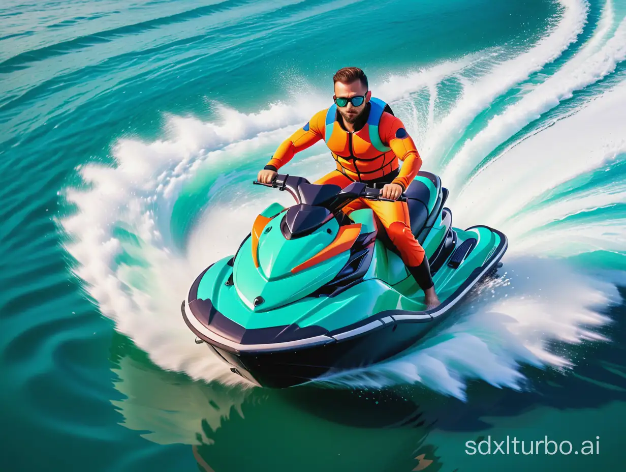 A close man on a jet ski on the waves, in the shape of a circle, colored perfect quality splashs colors