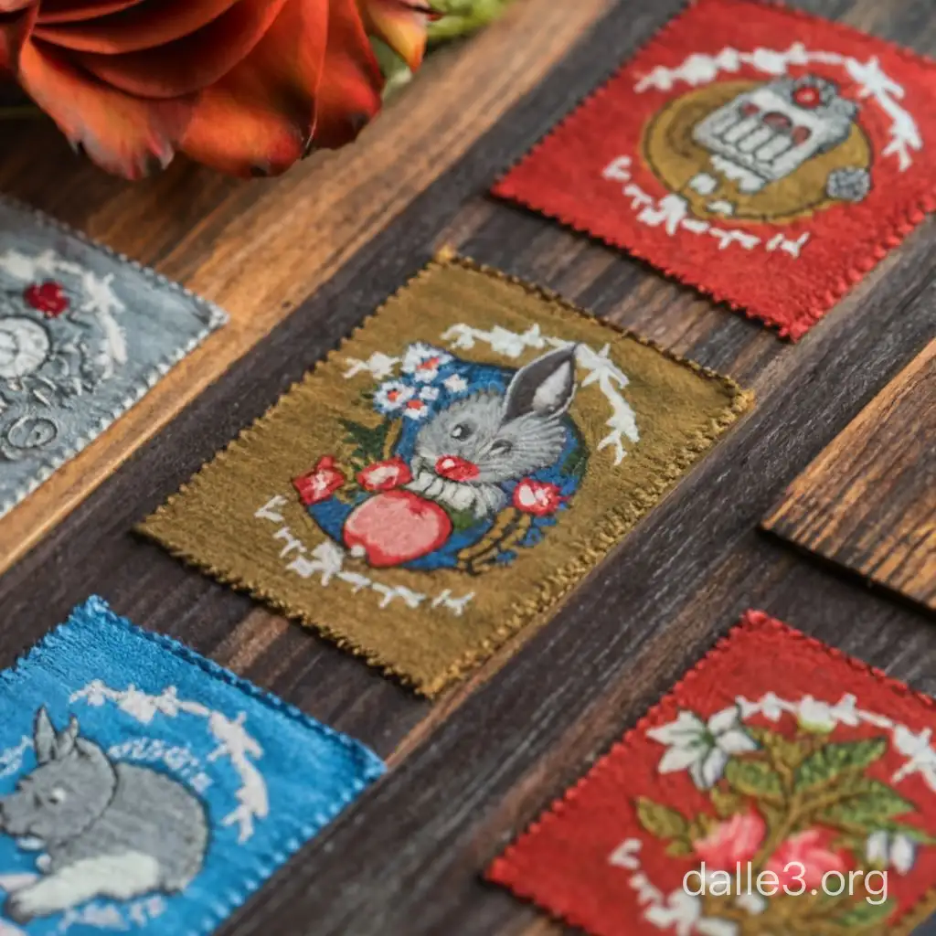 яркие многоцветные этикетки жаккард с изображением  зайца , волка, часы ,  дерево , роза