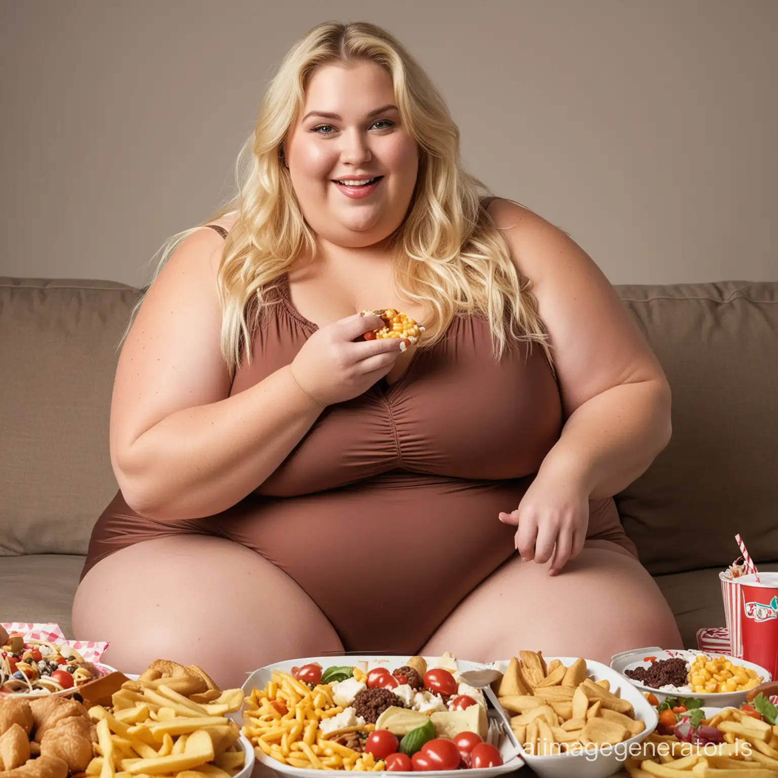 Very very obese blonde woman clothed sitting surrounded by unhealthy food smiling eating
