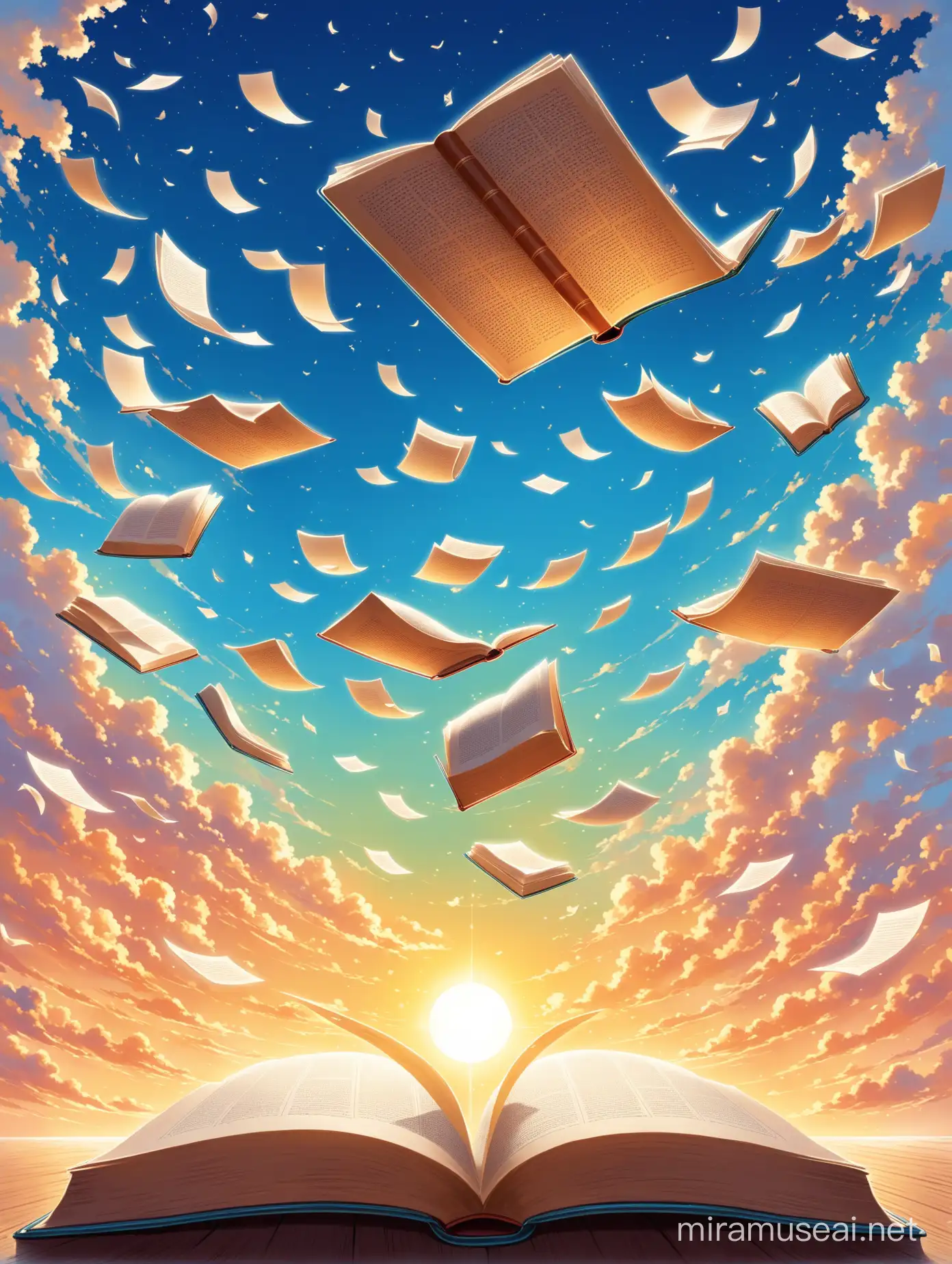 one book suspended in mid-air, pages fluttering as if caught in a gentle breeze around the book, there are scenes depicting different parts of the world