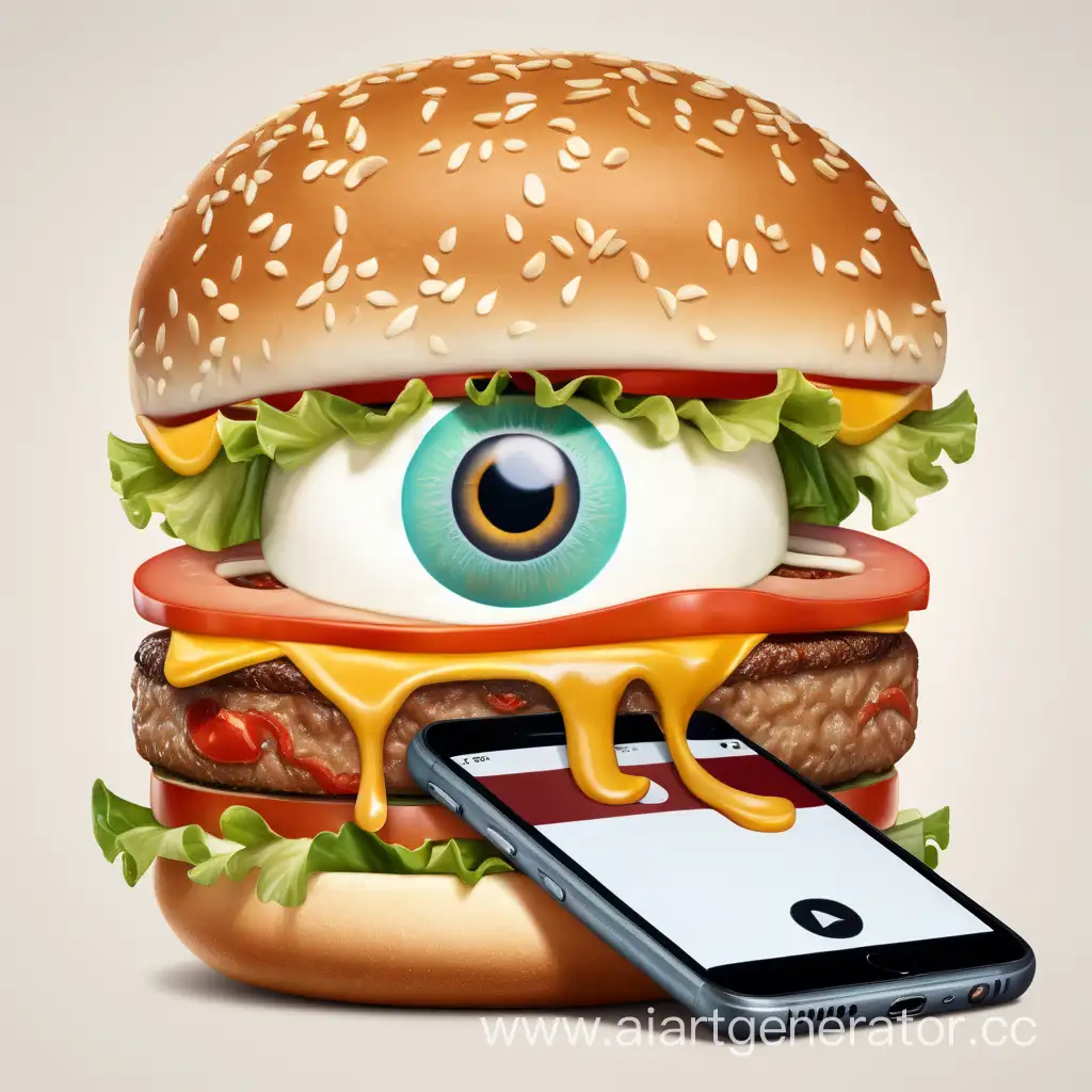Бургер с глазами и ртом играет в телефон
