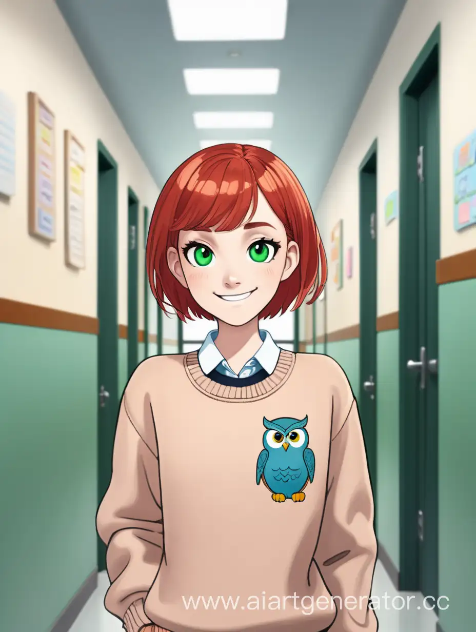 Девушка психолог с круглой формой лица зелёными глазами и короткими красными волосами улыбается стоя в холле школы одетая в свитер с совой