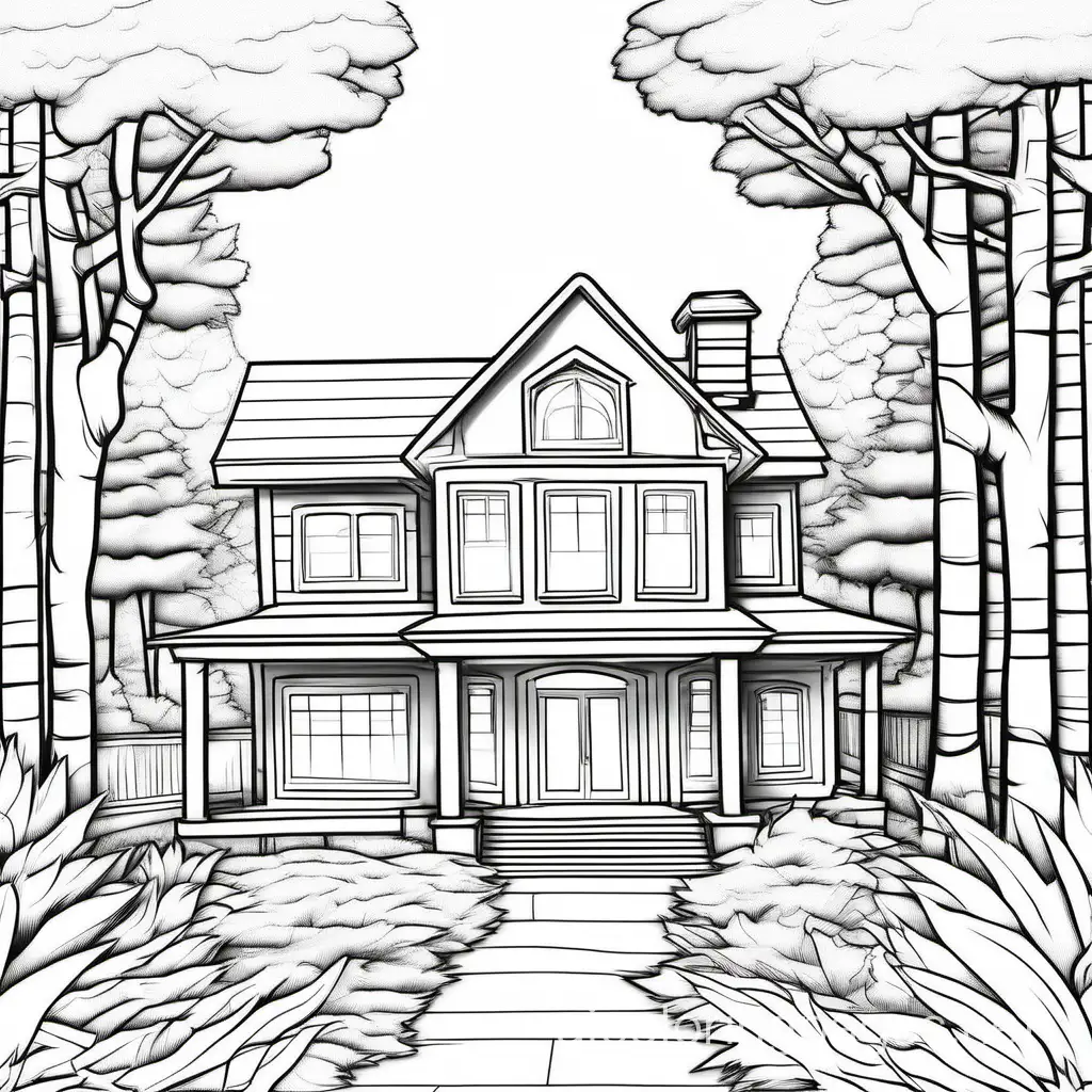 thin black outline art for forest Retreat House, photorealistic rendering, white background, sketch style, hand-drawn, only use a thin black outline, cartoon style, clean line art, 3D vector art, digital painting, isometric style,, Coloring Page, black and white, line art, white background, Simplicity, Ample White Space. The background of the coloring page is plain white to make it easy for young children to color within the lines. The outlines of all the subjects are easy to distinguish, making it simple for kids to color without too much difficulty