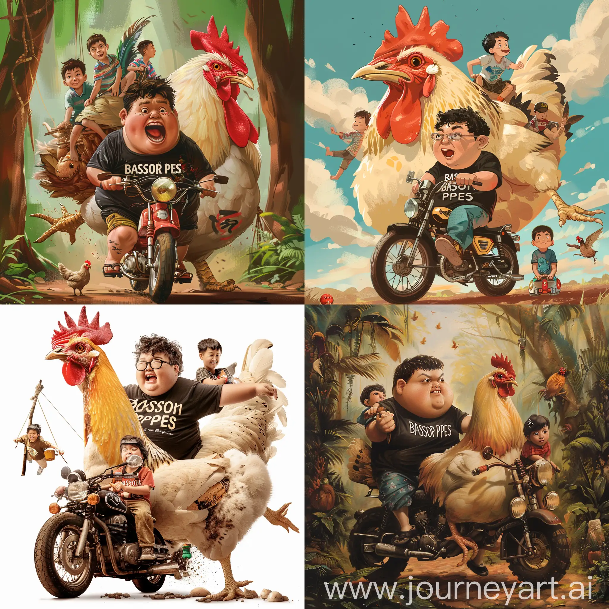 A chuby boys wearing black t-shirt with texs "BASORI PERS" riding a motorcycle with a giant hen and two child boy on the giant hen