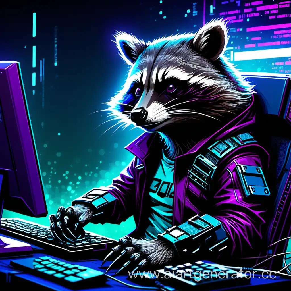 енот, ракета, стражи галактики, кибер панк, фиолетовый, бирюзовый, синий, квантовый компьютер, сидит за компьютером, хакер, взлом, пишет код, в темноте