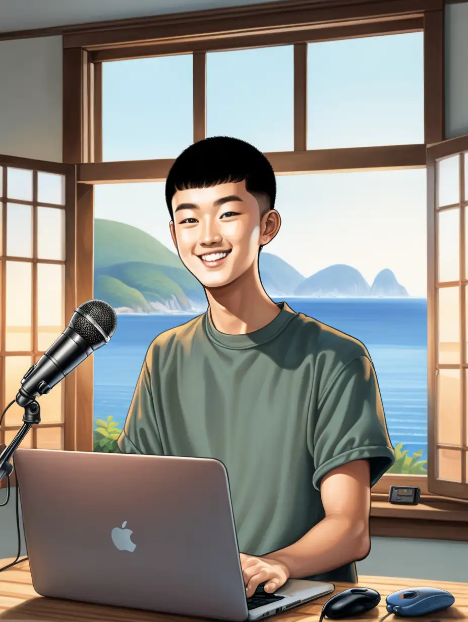 A smiling young Korean man with buzz cut hair with a laptop and a standing mikrophone in a cozy room with window to ocean scenary