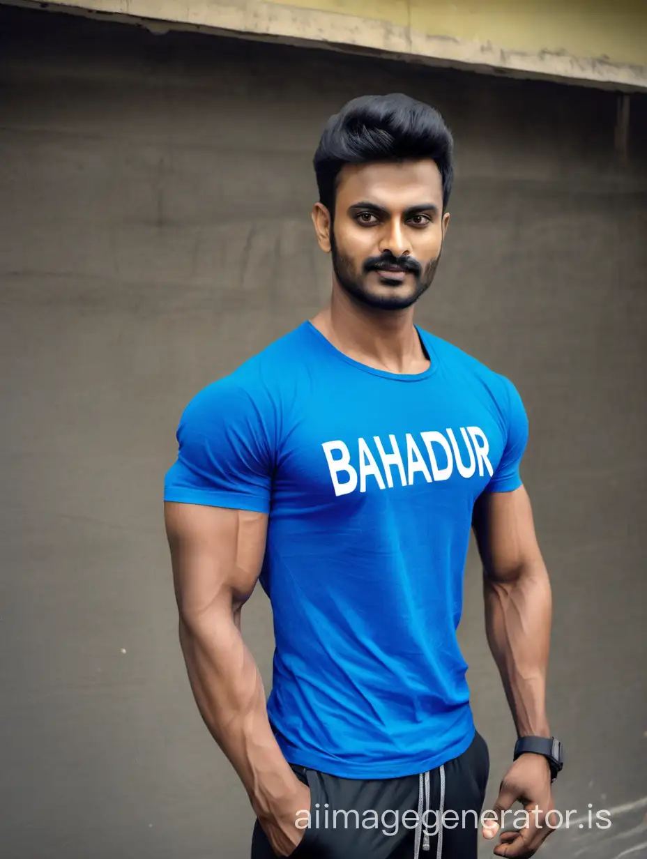 Physical fitness men standing with gym material and wored blue tshirt in that tshirt the name written as bahadur named in tshirt