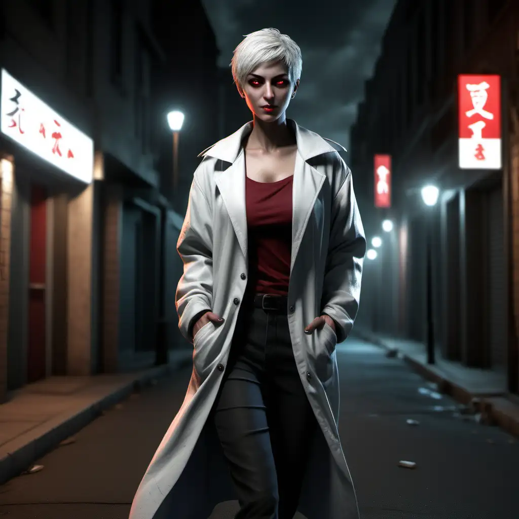 A white female Banu Haqim enforcer, short hair, red eyes, casual cloting, wearing a long jacket, walking down a street at night, realistic