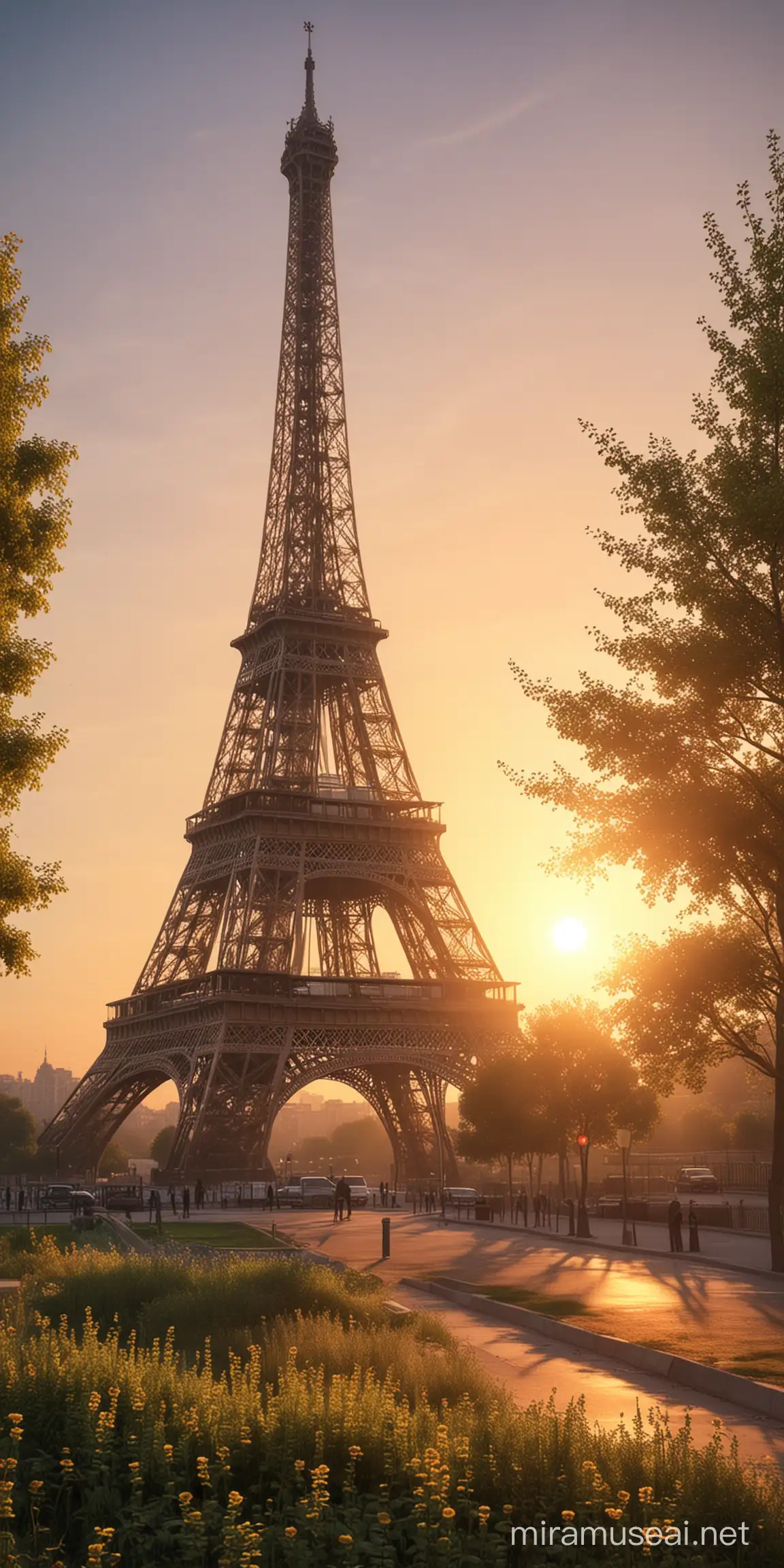 Eiffel Tower Sunrise Majestic Parisian Landmark in Serene Morning Light