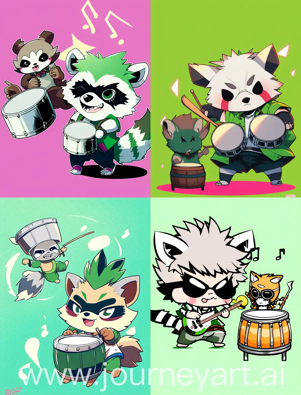 chibi racoon and anime guy playing drums, with green solid background, 
