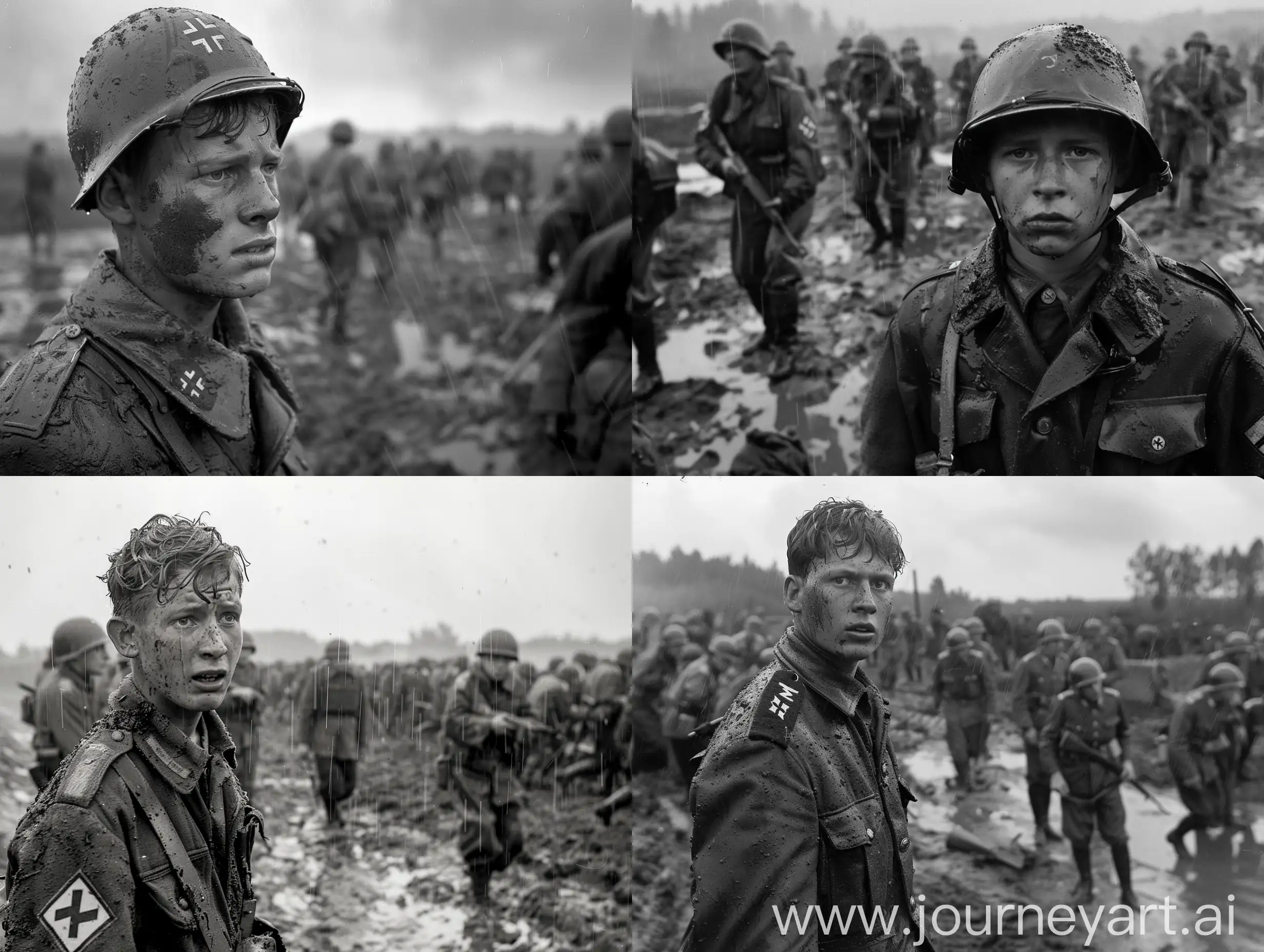 WW2 German soldier, young, looking lost, mud, rain, lots of panicked soldiers in the background