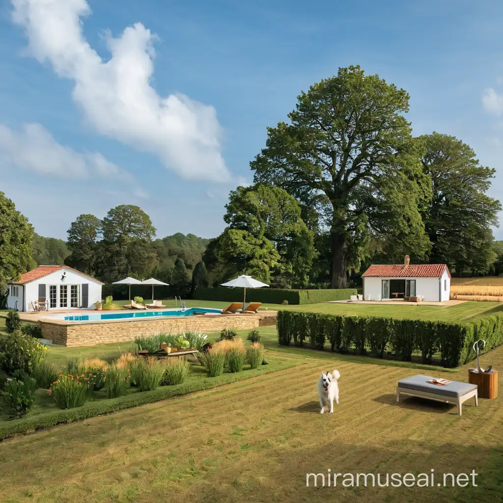 Dog Playing in Pool by the House with Field Furniture