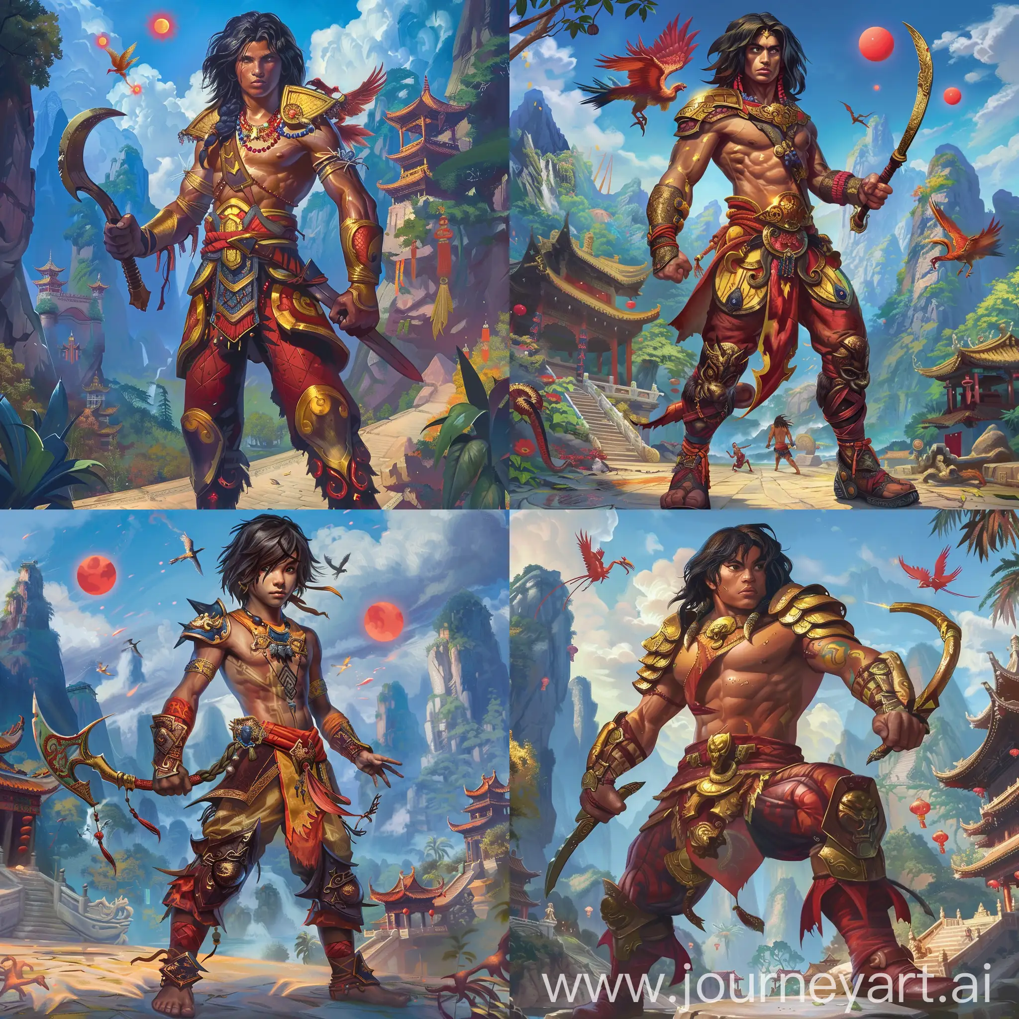 Historic painting style:

a Disney handsome warrior Mowgli, from the Jungle Book cartoon, he has medium-length black hair and bronze skin, he wears deep red and yellow color Chinese prehistoric tropical armor and boots, he holds a Chinese style curved blade in right hand, 

Chinese Guilin mountains and temple as background, small phoenix and three small red suns in blue sky.