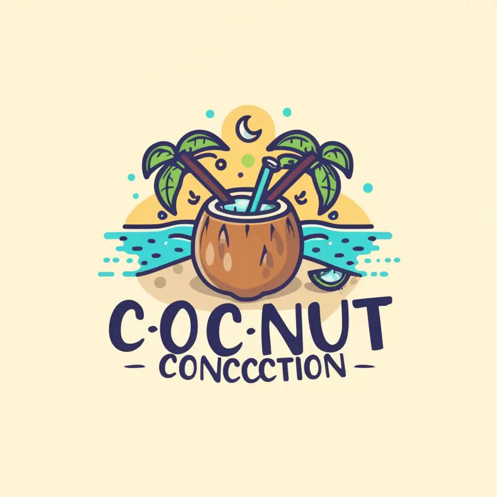 a logo design,with the text "Coconut Concoction", main symbol:Design a logo for a brand specializing in tropical fruit juices mixed with tender coconut water. The brand aims to evoke a sense of freshness, health, and tropical paradise.

Guidelines:

Incorporate tropical elements such as coconuts, palm trees, exotic fruits, or juice splashes to convey the brand's focus on tropical flavors.
Utilize colors like green, blue, yellow, orange, and pink to represent freshness, vitality, and the vibrancy of tropical fruits.
Choose a playful and inviting font style for the brand name, reflecting its friendly and approachable atmosphere.
Ensure the logo is versatile, scalable, and suitable for various applications, including packaging, signage, and digital platforms.
Examples for Inspiration:

Tropical landscapes, beaches, and palm trees
Fresh fruits, coconuts, and juice splashes
Additional Information:

The logo will serve as the visual identity for the brand, representing its tropical-inspired offerings.
,Moderate,clear background