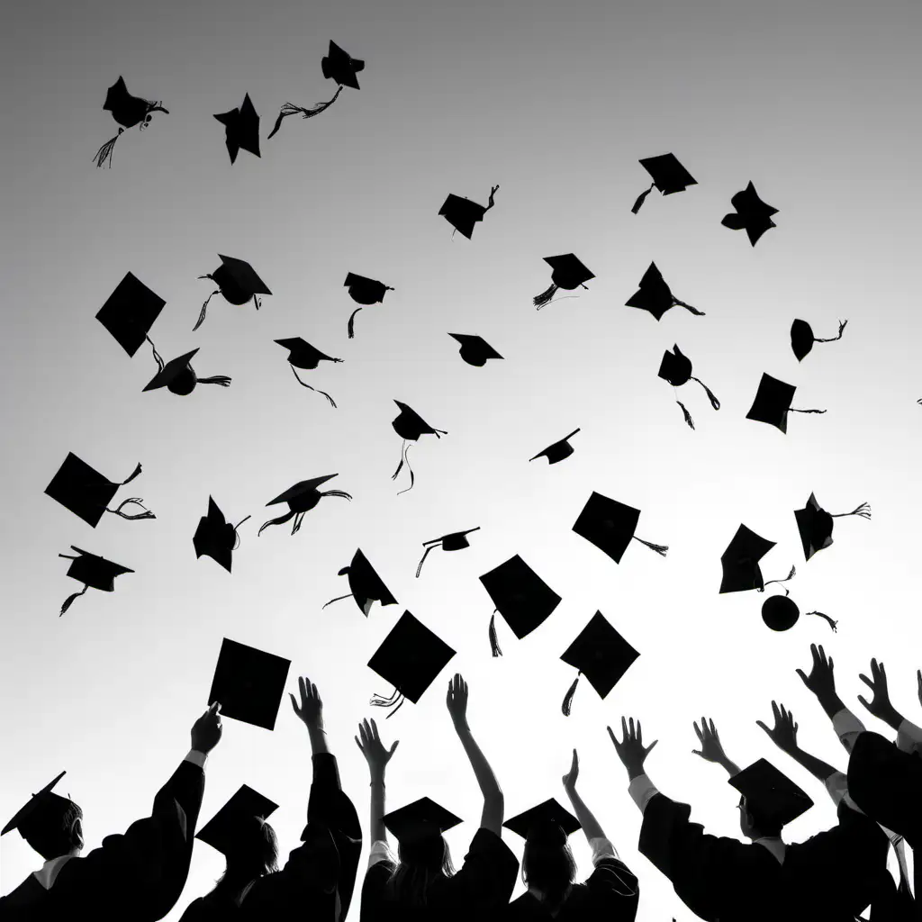 A black and white photo of a sillouete of bunch of university students graduating throwing their graduation caps into the air keep  