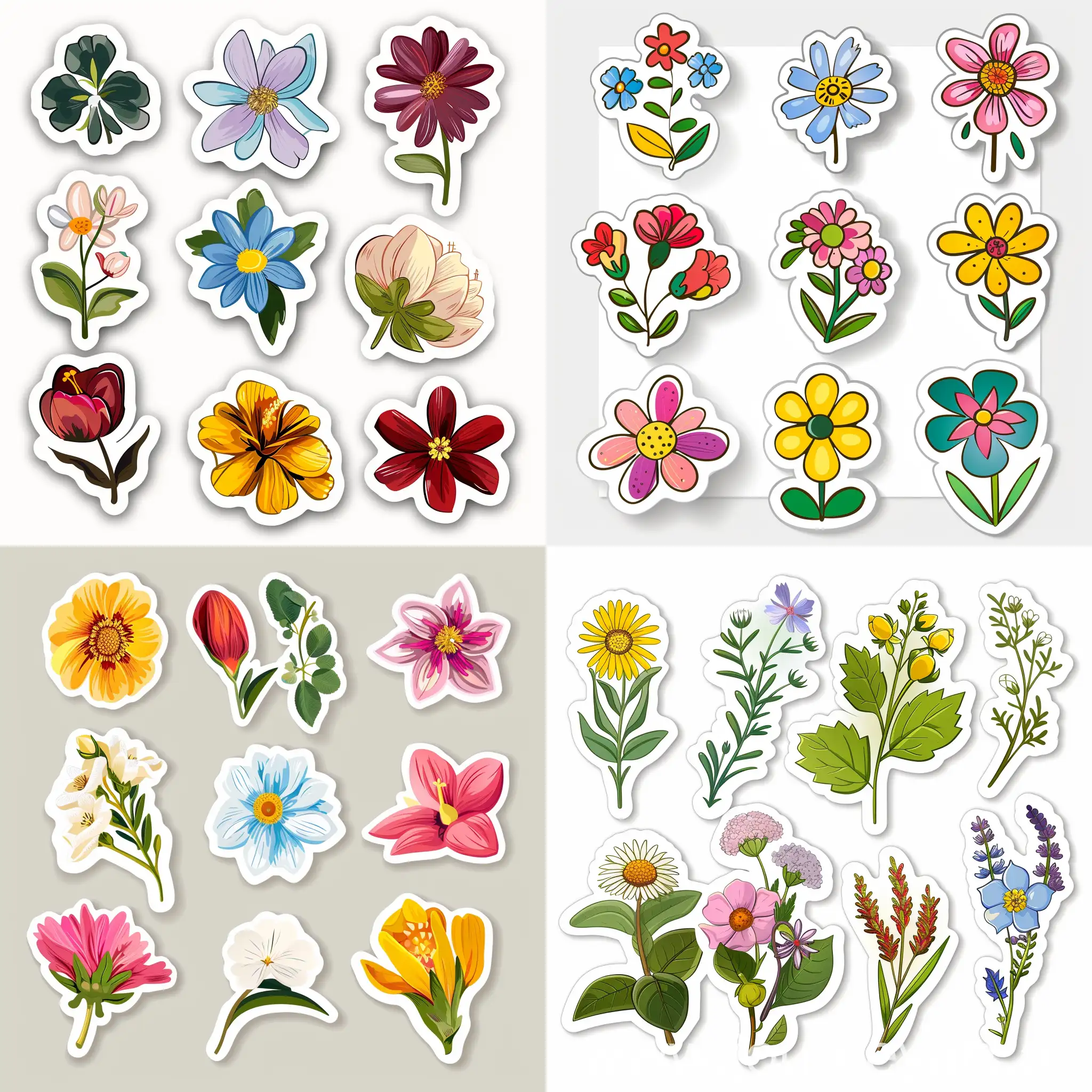 cartoon sticker of different single flower, clipart of stickers, in high quality flat style