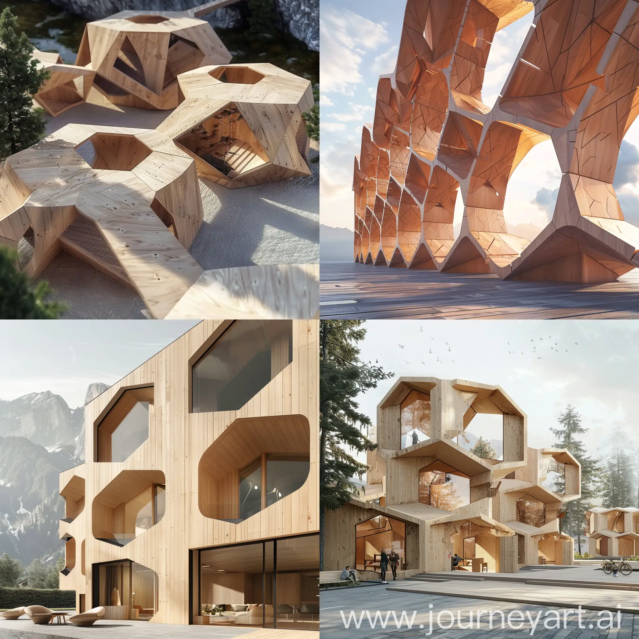 timber module joint detailed architectural render, the module is in line with discreet modular architecture principles as each module can be combined with other modules to create variety of architectural structures and shapes, the module is inspired by mountain Alpine culture. Timber modules connect with each other with smart interlocking shapes without any screws or metal elements