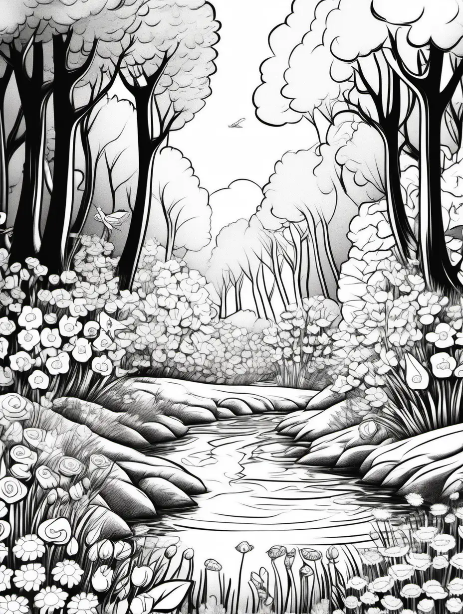 happy Forest environment on a spring day, sun shining, water spring, flowers blooming, age 6-9 story, minimalistic, with detailed illustration, black and white coloring page, white background, ---ar 2:3