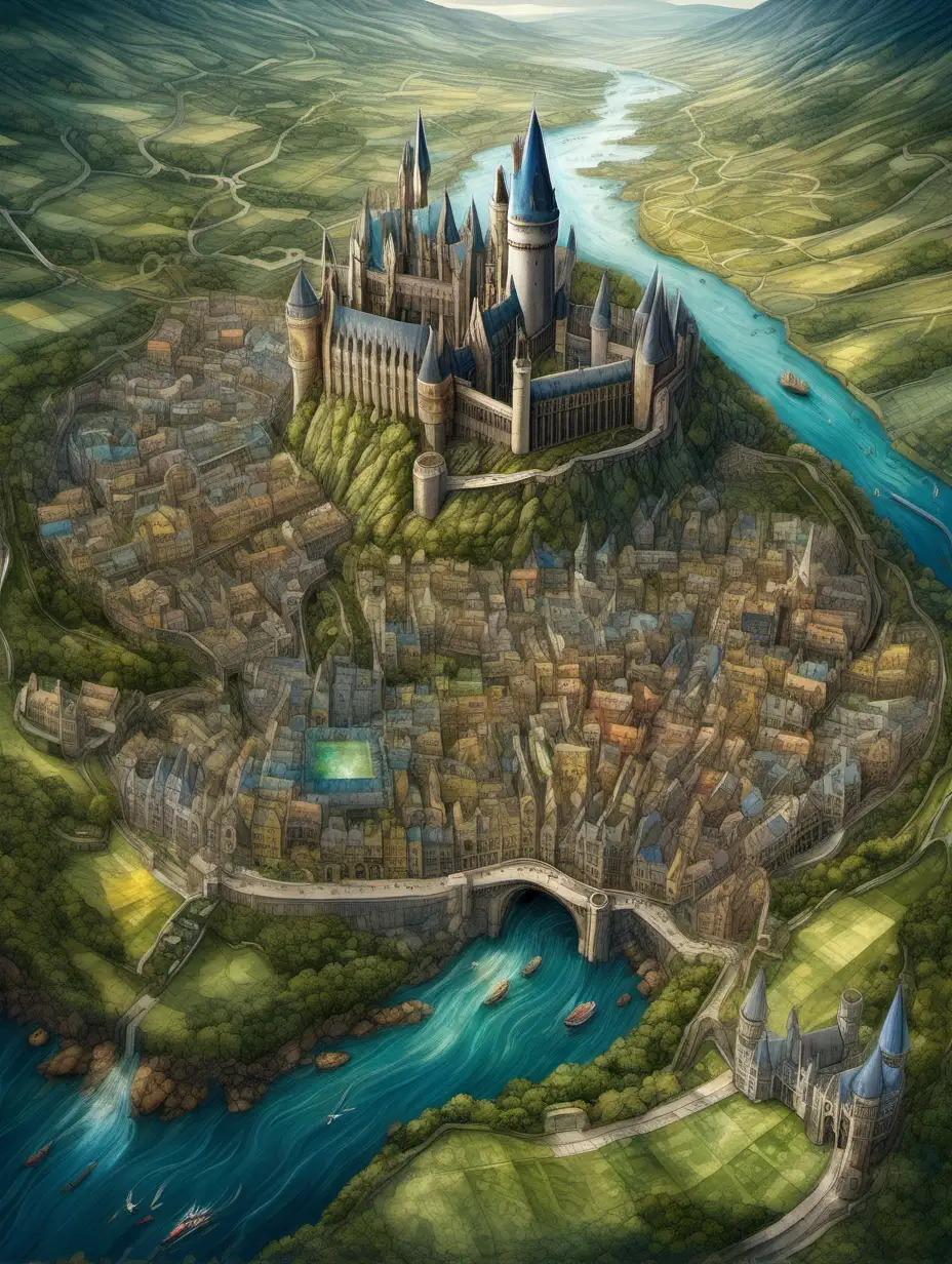 Aerial landscape over hogwarts, capturing a breathtaking bird's-eye view of a diverse and vibrant terrain. Focus on a patchwork of landscapes seen from above, like winding rivers cutting through lush forests, rolling hills, and expansive fields. Include details such as tiny houses dotting the countryside, roads meandering through the land, and a picturesque coastline where the land meets the sea. The color palette should be rich and natural, with varying shades of greens, blues, and earth tones. Emphasize the textures seen from this height, like the roughness of mountainous regions, the smoothness of water bodies, and the intricate patterns of agricultural fields. The overall image should convey the grandeur and beauty of the earth as seen from the sky, with a sense of serenity and awe